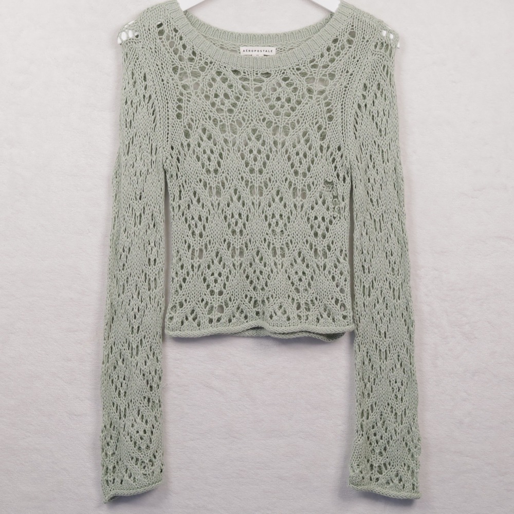 AEROPOSTALE Pointelle Open Knit Cropped Sweater Fairycore Sage Green Sz XS